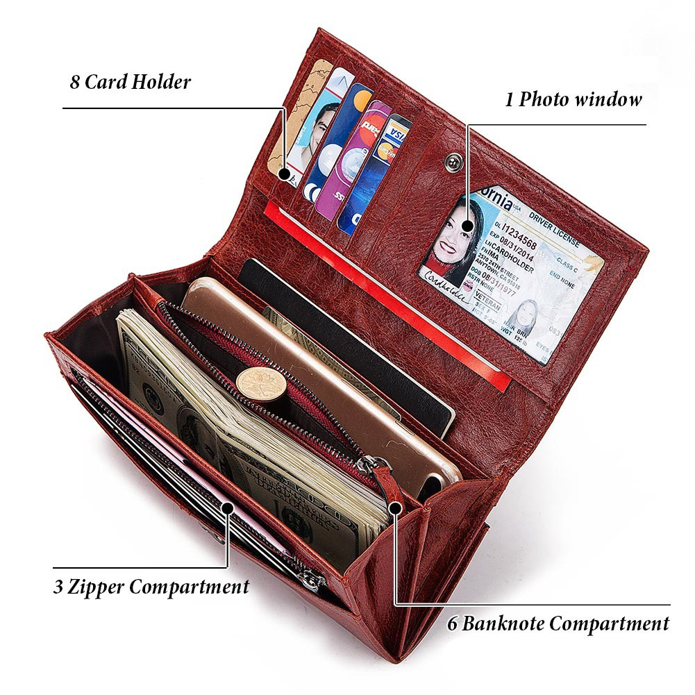Inside view of women's long leather wallet-clutch showing 8 card holders, photo window, compartments for cash, and coins.
