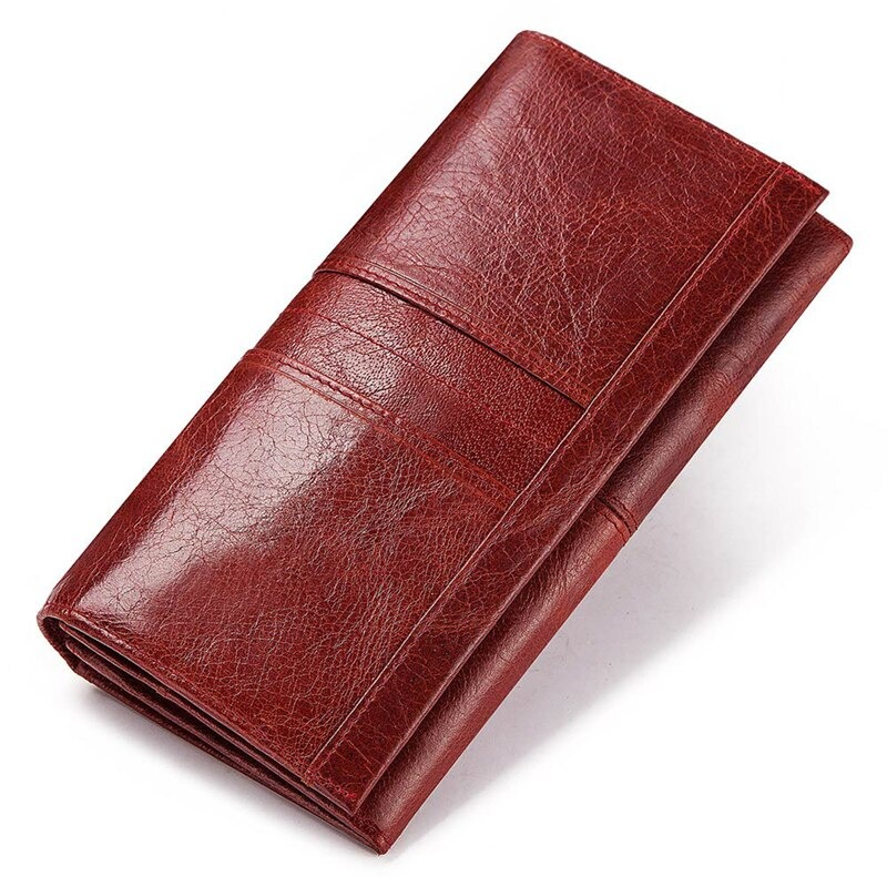 Stylish women's long wallet-clutch in rich burgundy genuine leather with multiple pockets for cards and phone.