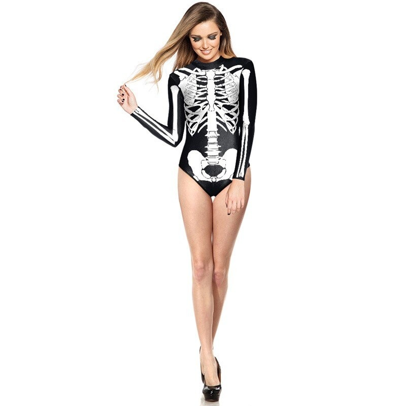Gothic women's long sleeve swimsuit with skeleton print perfect for summer and beach activities.