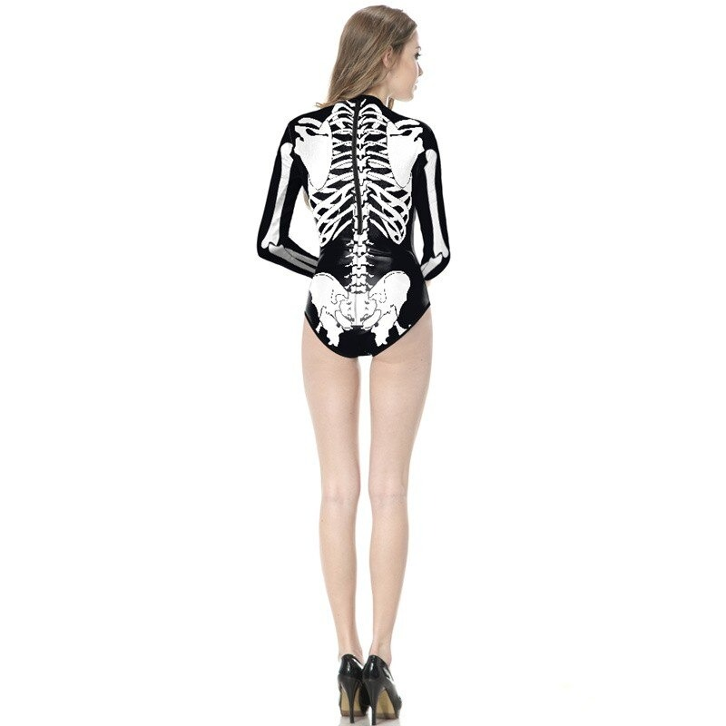 Women's Gothic long sleeve swimsuit with skeleton print, perfect for summer swimming adventures.