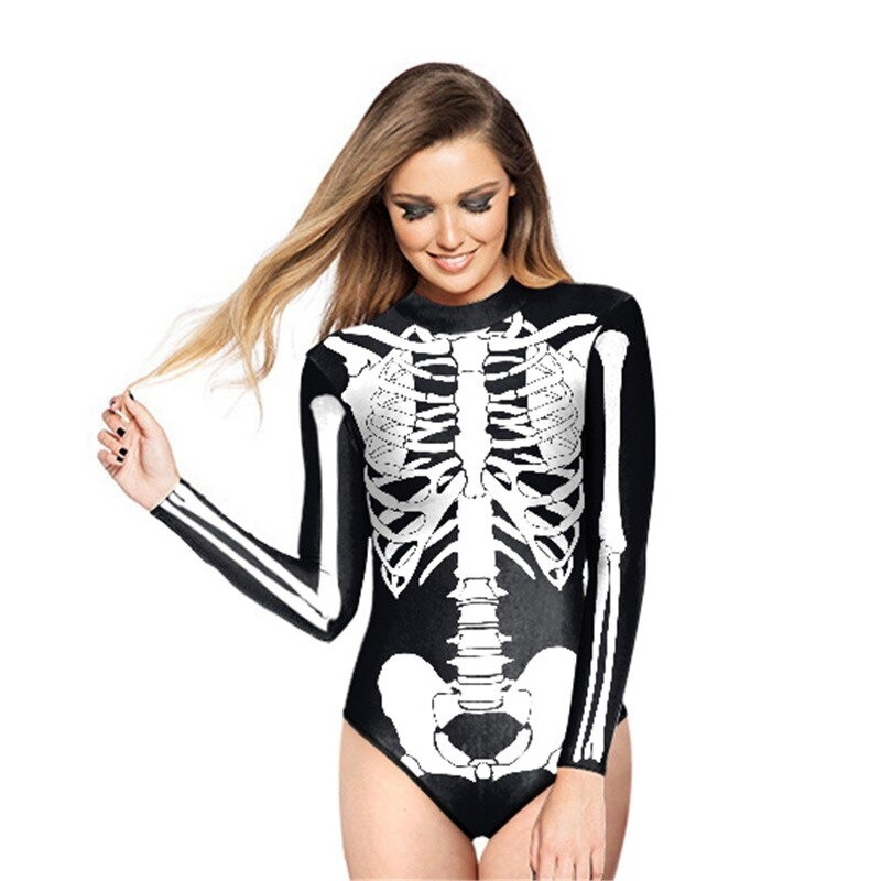 Gothic women's long sleeve swimsuit featuring a striking skeleton print, perfect for summer and surfing.