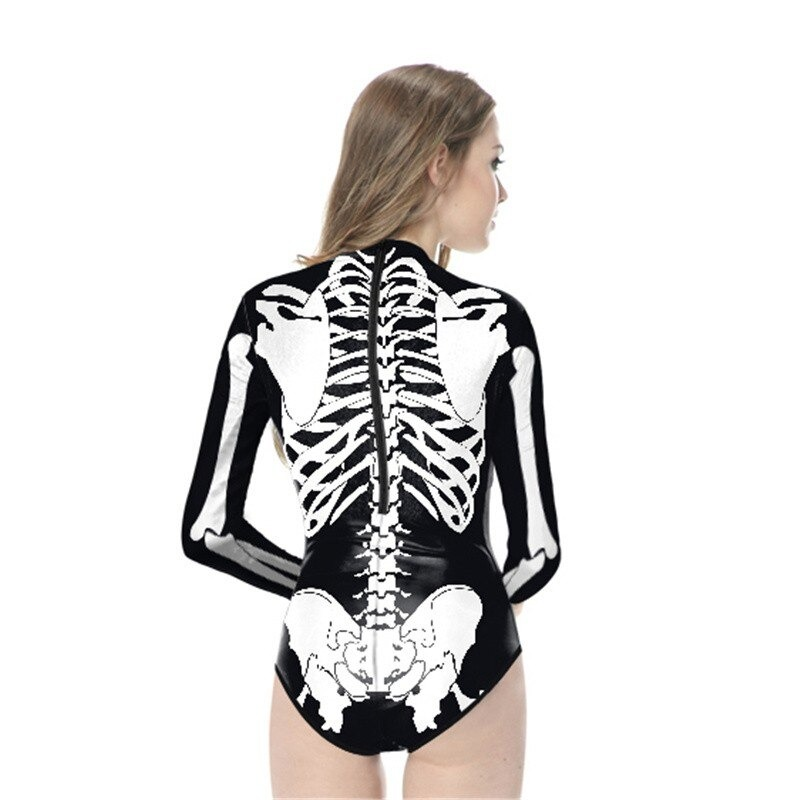 Stylish women's long sleeve swimsuit with skeleton print, perfect for gothic summer fun at the beach.