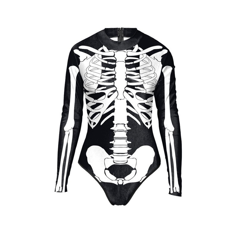 Gothic women's long sleeve swimsuit with skeleton print for summer surfing adventures.