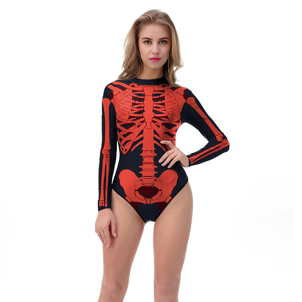 Women's long sleeve swimsuit with skeleton print, perfect for gothic beach fashion and summer fun.