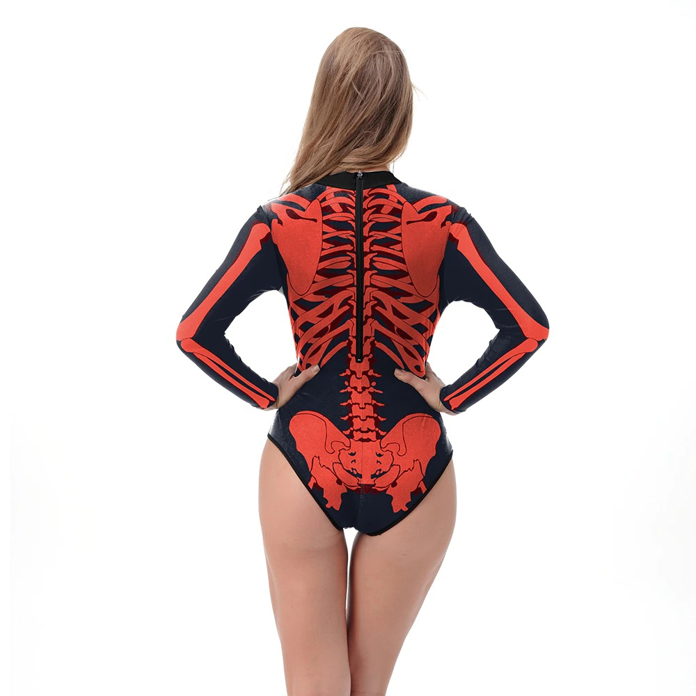 Back view of a women's skeleton printed long sleeve swimsuit, perfect for gothic summer style and surfing.