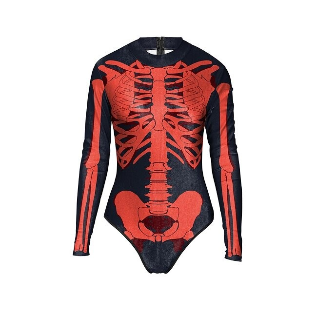 Gothic women's long sleeve swimsuit with skeleton print, perfect for summer surfing adventures.
