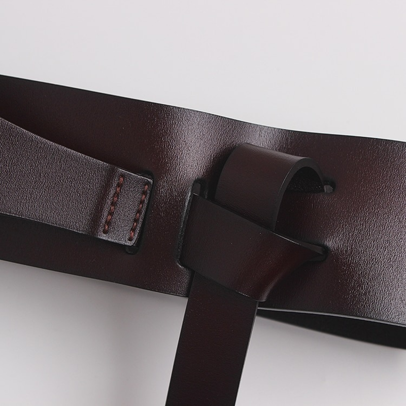 Women's luxury designer belt in rich brown PU leather, showcasing elegant buckle and soft wide design.