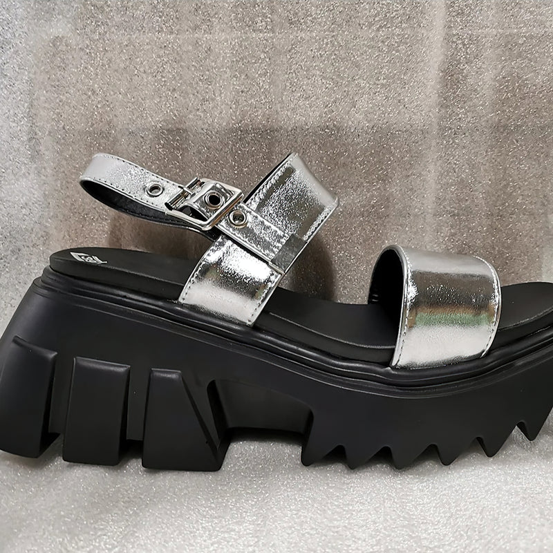 Silver chunky platform sandals for women with a shiny buckle strap, perfect for summer fashion and casual outfits.