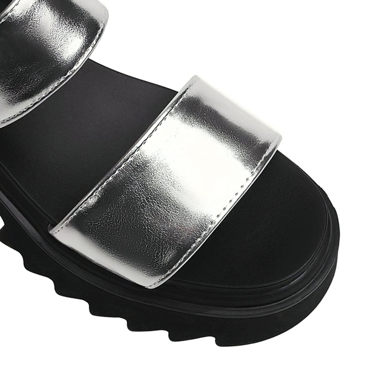 Stylish women's luxury platform chunky sandals with shiny silver buckle and rubber sole, perfect for summer fashion.