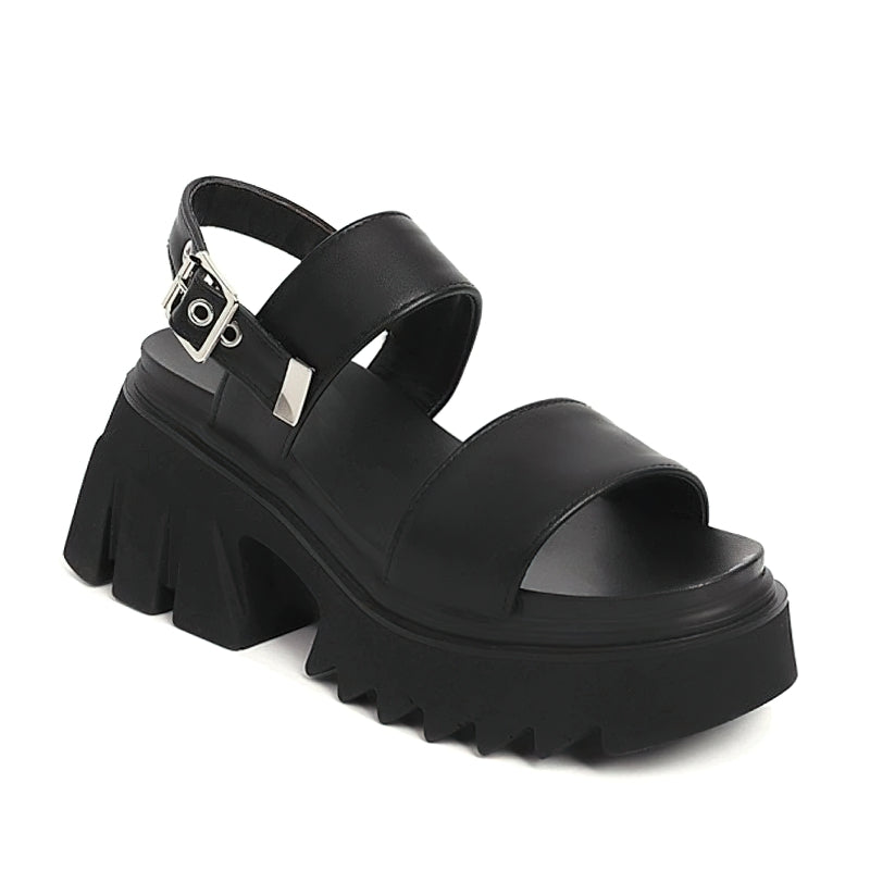 Women's luxury black platform chunky sandals with buckle strap, perfect for summer casual outfits.
