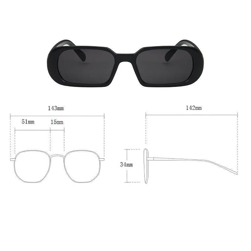 Black small oval sunglasses with measurements, stylish UV400 eyewear for women in various colors.