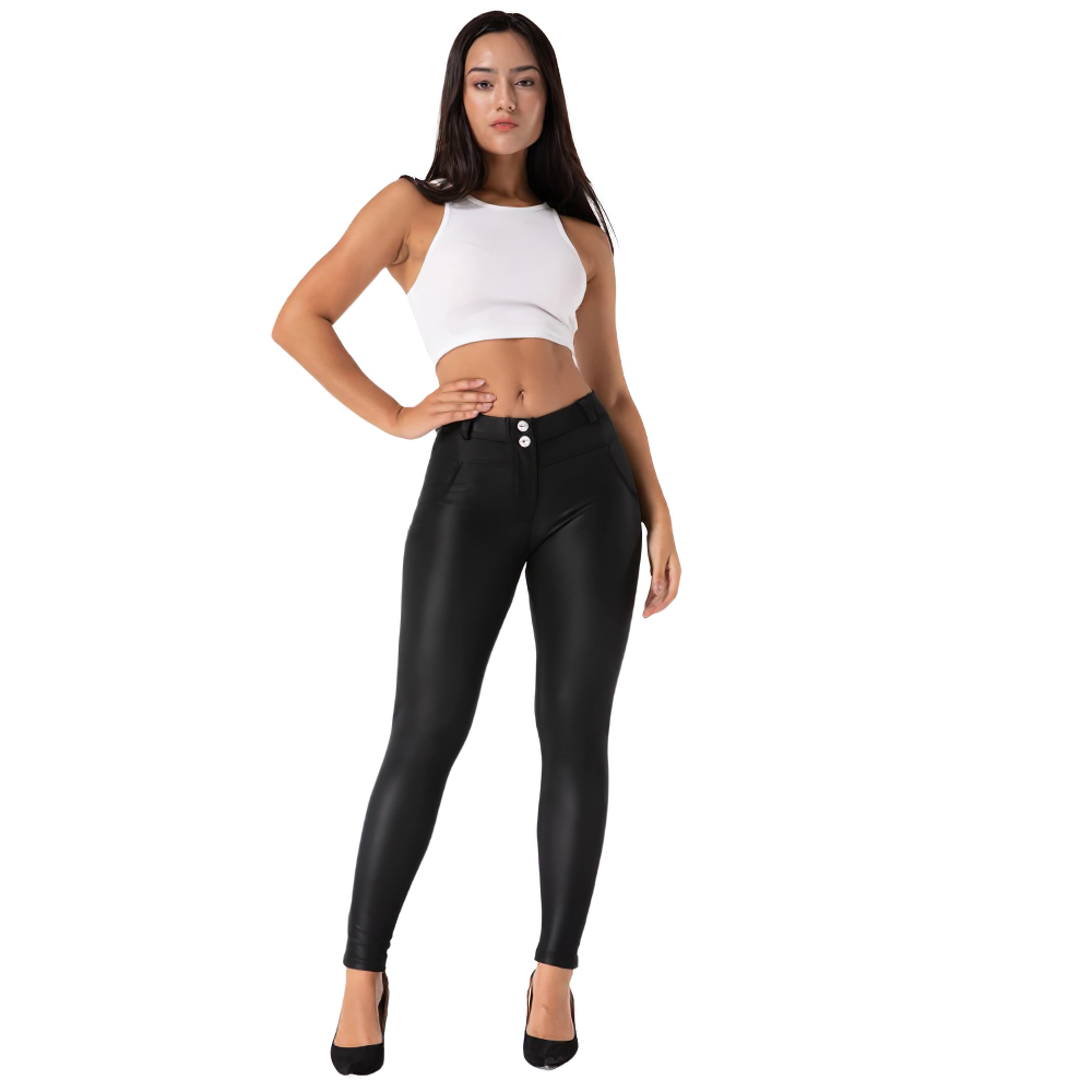 Women's matte black PU leather skinny pants, alternative fashion trousers with buttons and pockets, perfect for rock and goth styles.