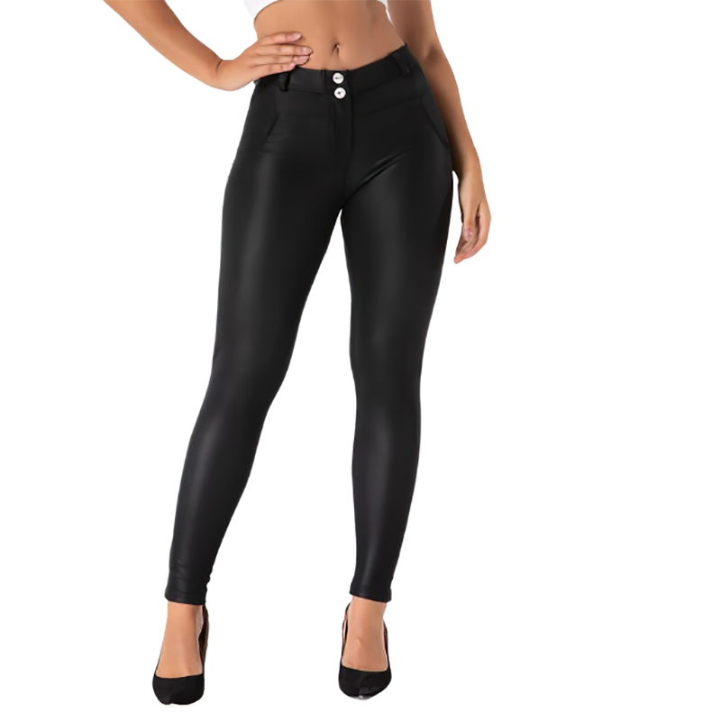 Stylish women's matte black PU leather skinny pants with buttons and pockets, perfect for alternative fashion looks.