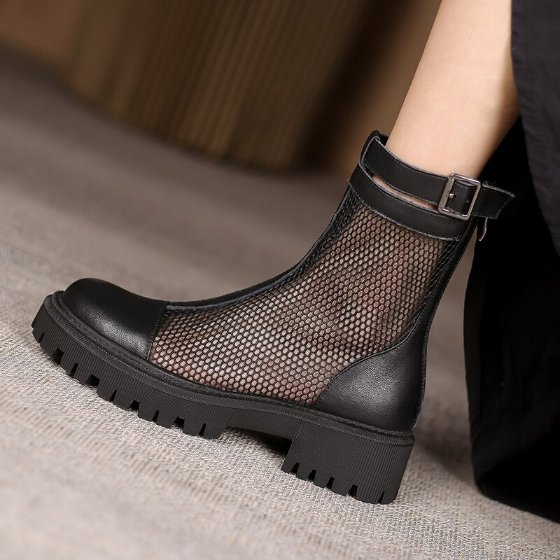 Women's Mesh Boots With Belt / Genuine Leather Platform Boots / Round Toe Zipper Summer Shoes - HARD'N'HEAVY