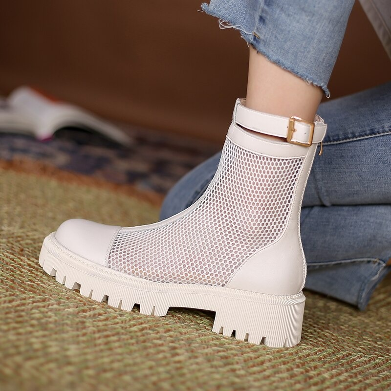 Women's Mesh Boots With Belt / Genuine Leather Platform Boots / Round Toe Zipper Summer Shoes - HARD'N'HEAVY