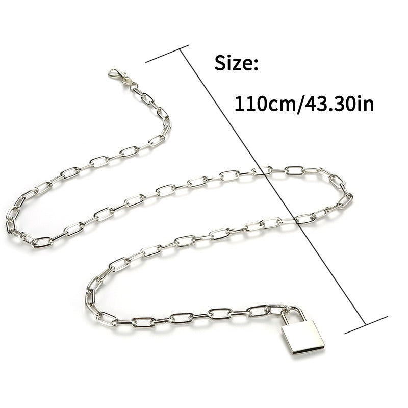 Sleek women's metal waist chain with padlock, showcasing gothic style and measuring 110cm/43.30in.