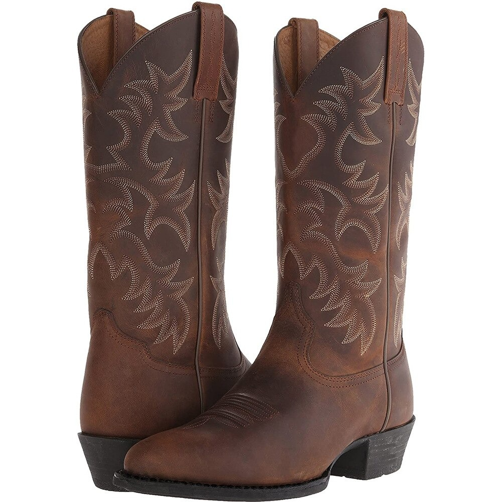 Stylish women's mid calf cowboy boots in brown with intricate embroidery, perfect for everyday wear.