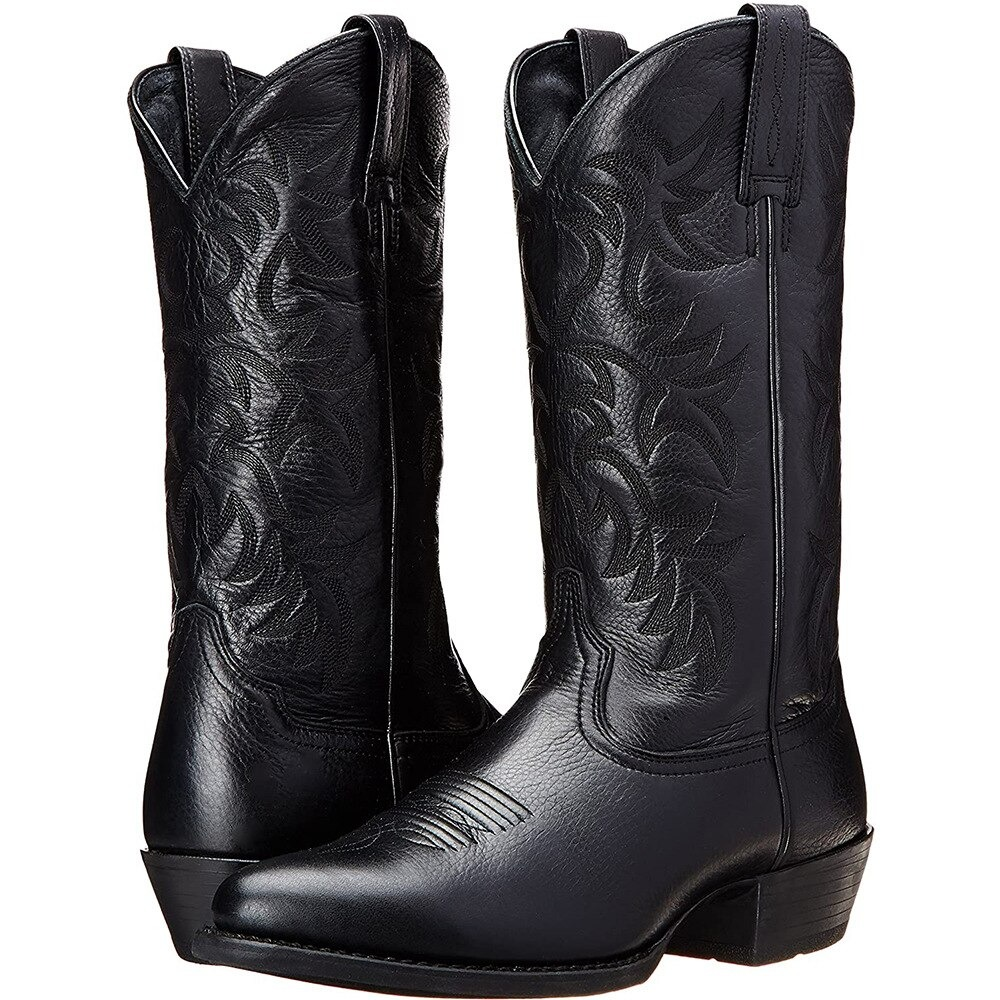 Women's mid calf cowboy boots in black with intricate embroidery, perfect for everyday fashion and comfort.