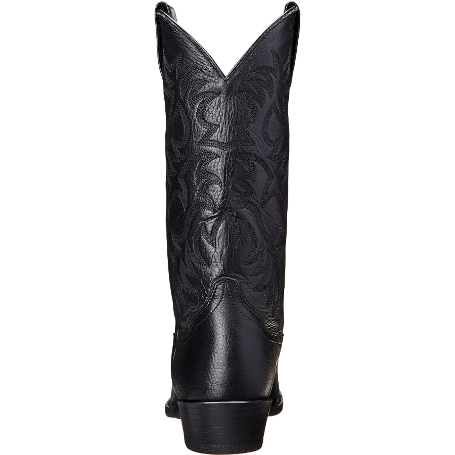 Back view of women's mid calf cowboy boots with intricate black embroidery and stylish high heels.