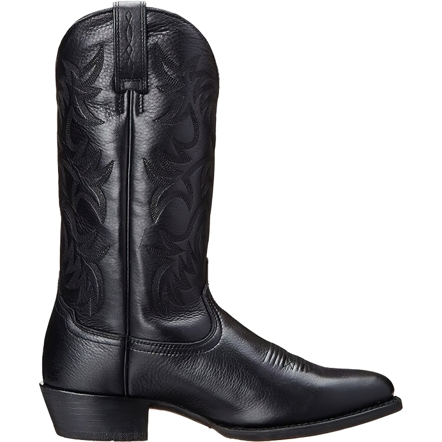 Women's mid calf black cowboy boots with thick high heels and intricate embroidery design.