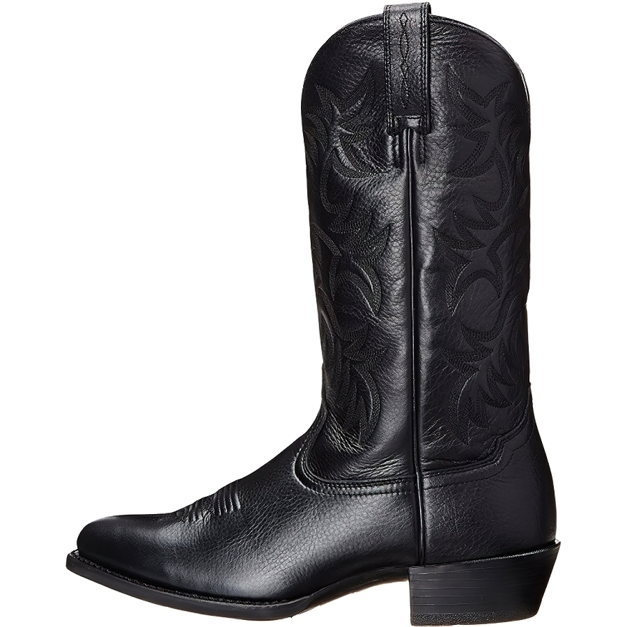 Stylish women's mid calf black cowboy boots with thick heels and embroidery design, perfect for everyday fashion.