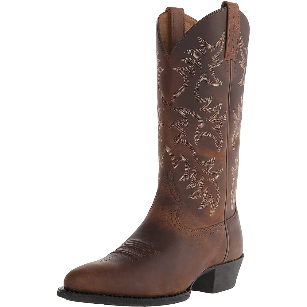 Women's mid calf cowboy boots with thick high heels and intricate embroidery in brown leather.