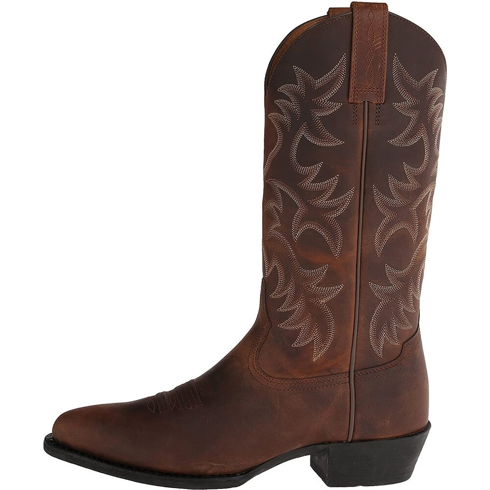 Stylish women's mid calf boots with thick high heels and elegant embroidery, perfect for everyday wear.