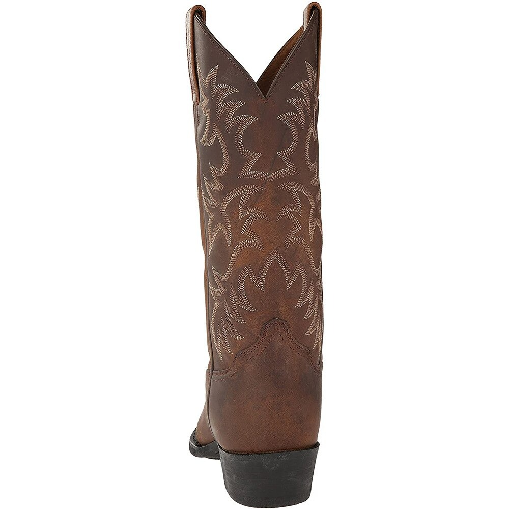 Back view of women's mid calf cowboy boots with intricate embroidery and thick high heels, perfect for stylish everyday wear.