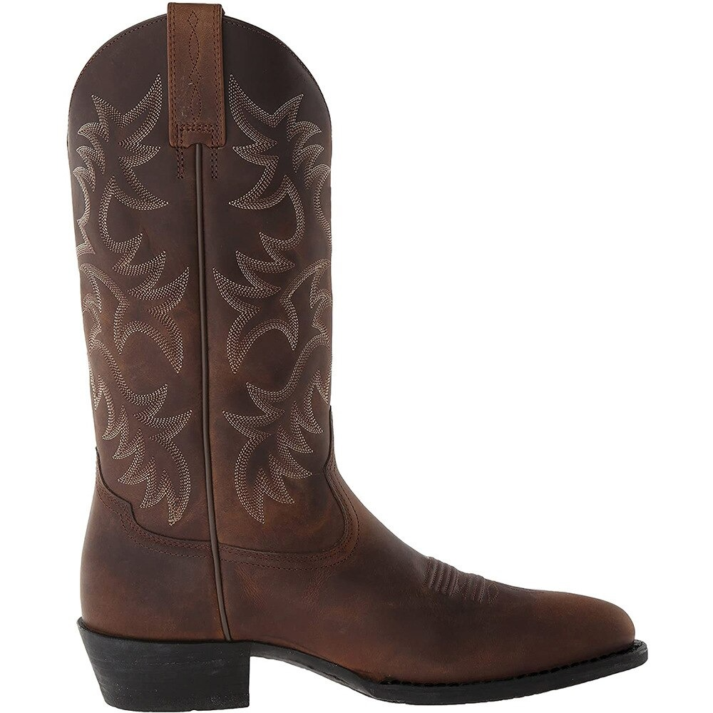 Stylish women's mid calf cowboy boots with intricate embroidery and a thick heel, perfect for everyday fashion.