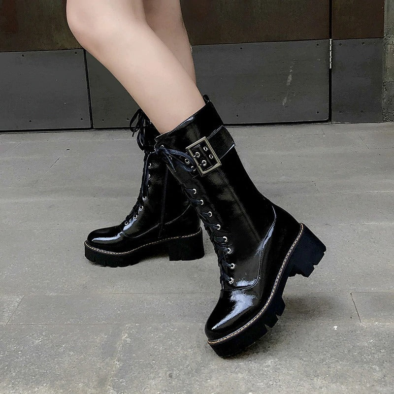 Women's Mid Calf Military Style Boots / Lace-Up Winter PU Leather Combat Boots / Round Toe Shoes - HARD'N'HEAVY