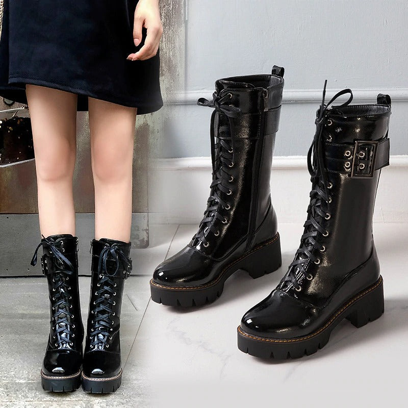Women's Mid Calf Military Style Boots / Lace-Up Winter PU Leather Combat Boots / Round Toe Shoes - HARD'N'HEAVY