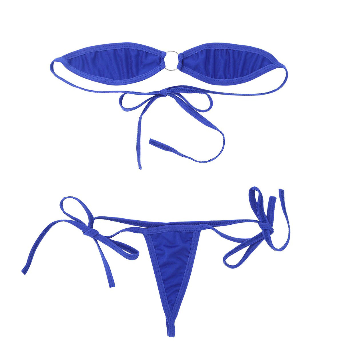 Women's minimal coverage micro bikini set in blue, featuring off-shoulder bra and self-tie g-strings for summer lingerie.