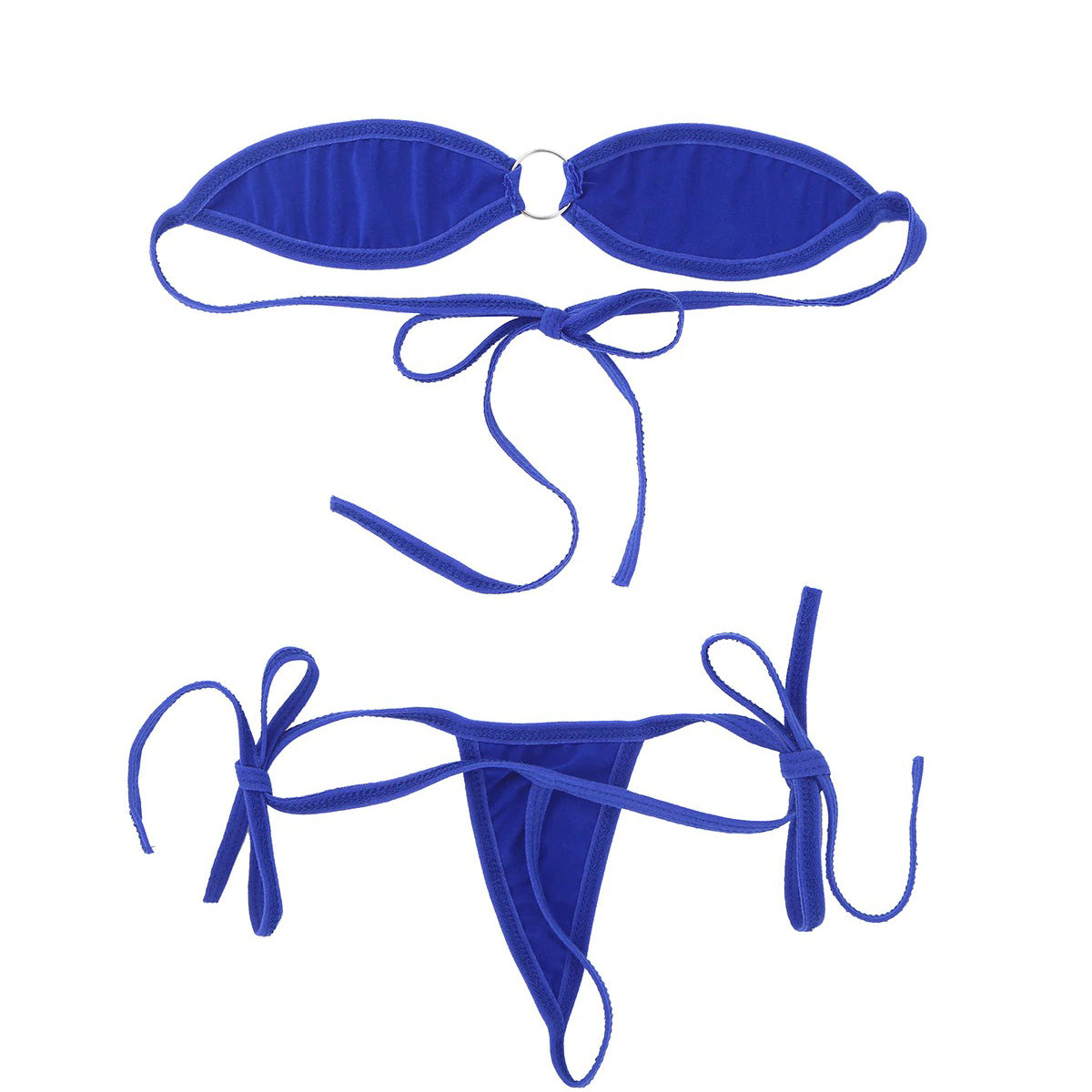 Women's blue micro bikini set with adjustable off-shoulder bra and self-tie g-string for summer style.