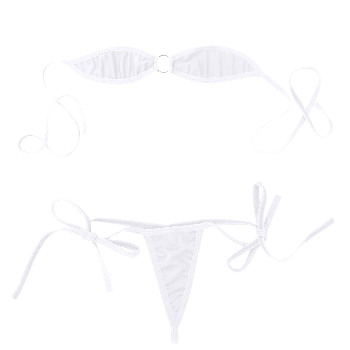 White women's minimal coverage micro bikini set with off-shoulder bra and self-tie g-strings, perfect for summer lingerie.