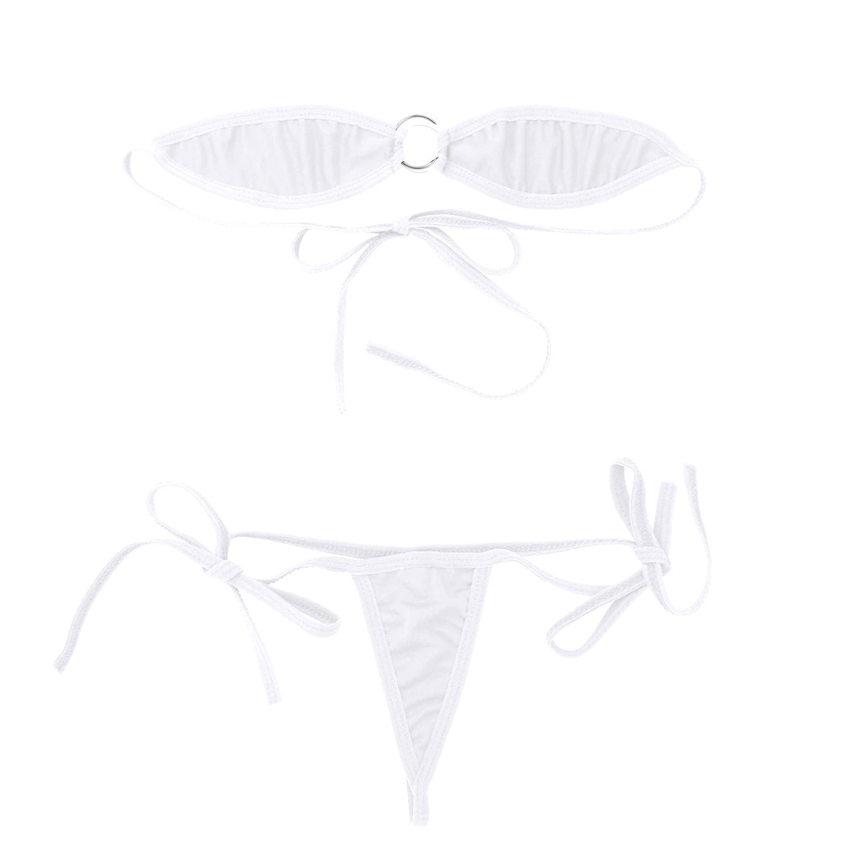White women's minimal coverage micro bikini set with off-shoulder bra and self-tie g-strings for summer.