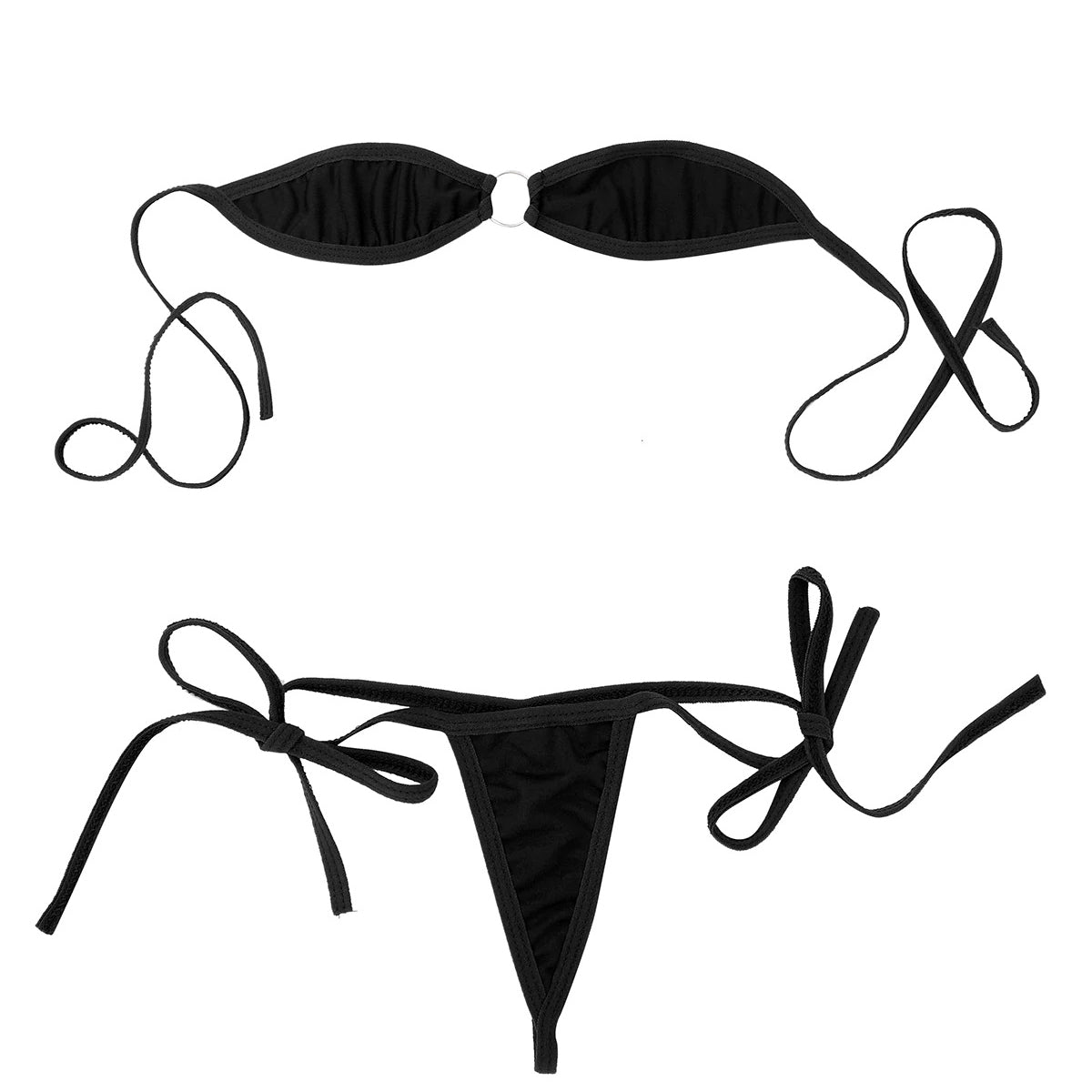 Black women's micro bikini set featuring off-shoulder bra and self-tie g-strings for summer lingerie style.