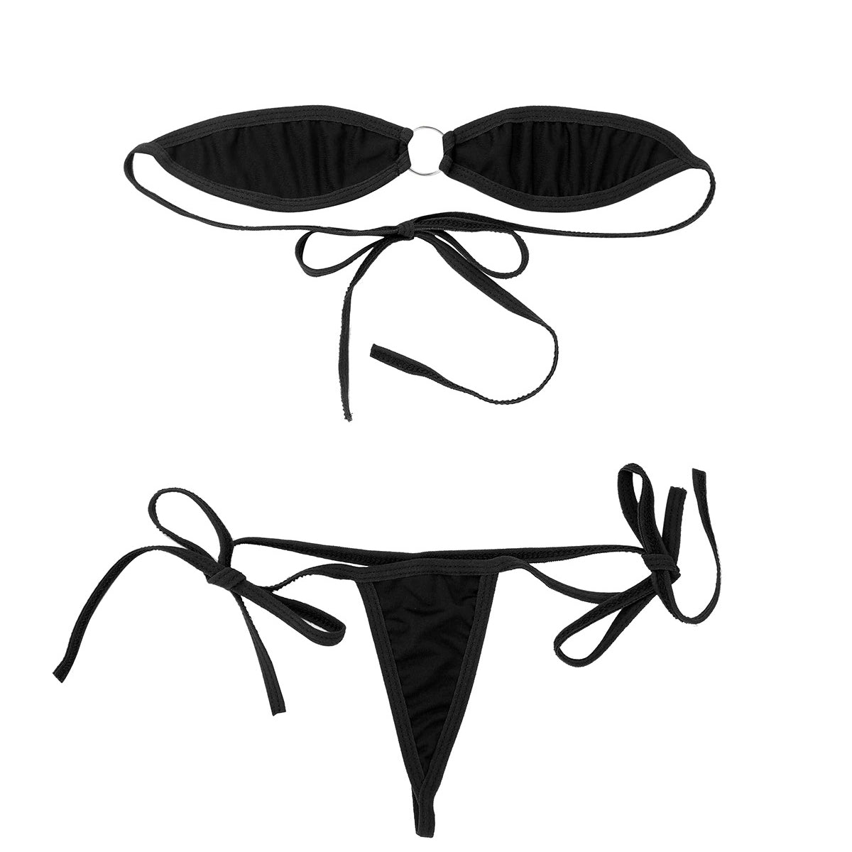 Black women's micro bikini set featuring an off-shoulder bra and self-tie g-strings for summer lingerie.