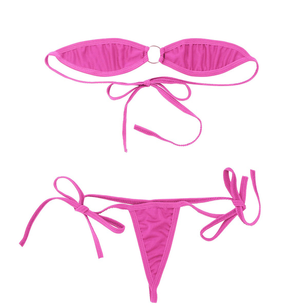 Pink micro bikini set featuring an off-shoulder bra and self-tie g-strings, perfect for summer lingerie and beach days.
