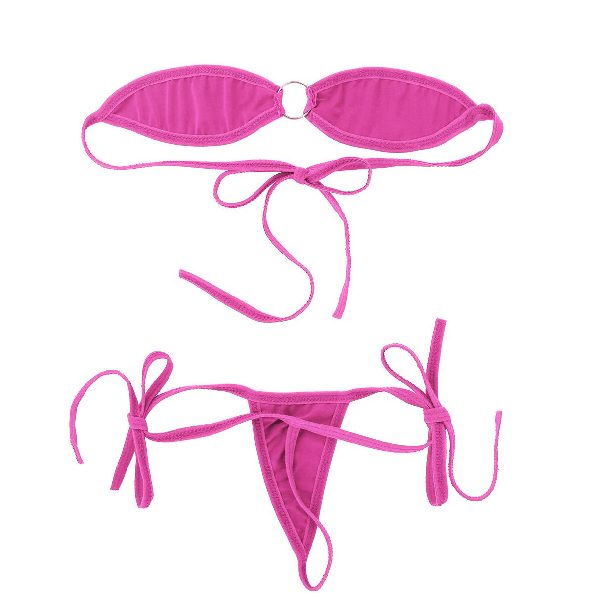 Pink women's micro bikini set with off-shoulder bra and g-string bottom, perfect for summer lingerie.