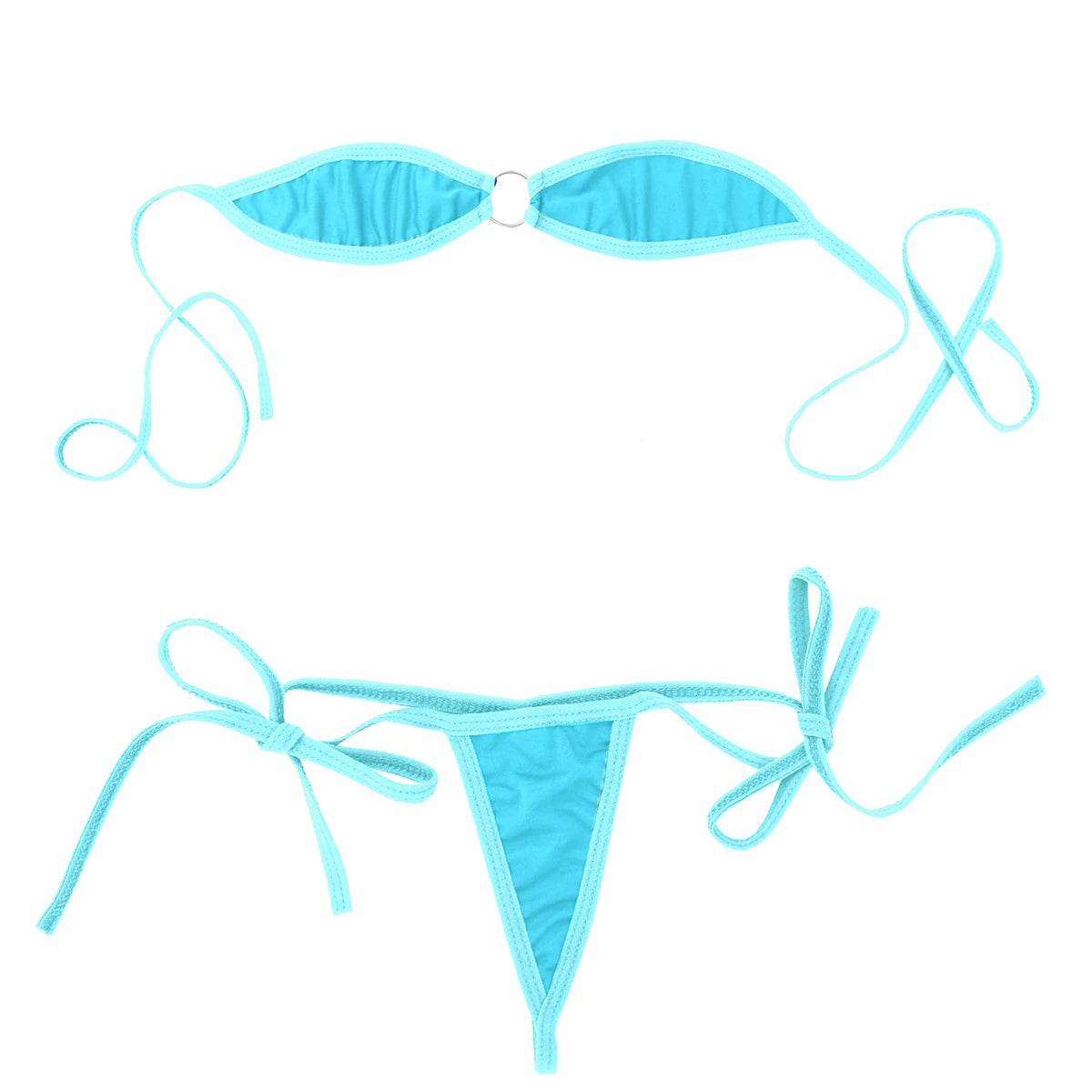 Women's turquoise micro bikini set with adjustable off-shoulder bra and self-tie g-string briefs for summer fun.