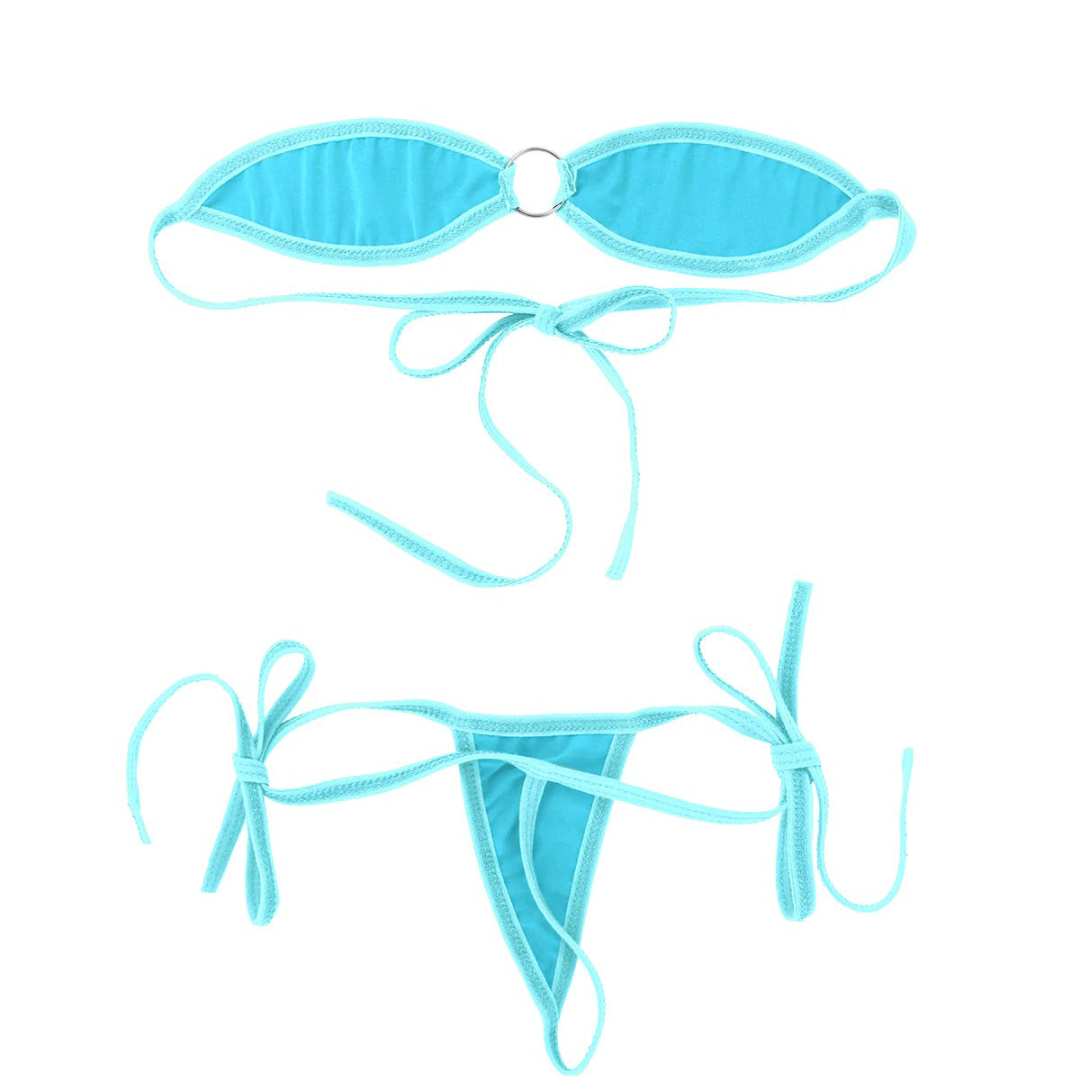 A women's minimal coverage micro bikini set in aqua blue, featuring an off-shoulder bra with self-tie g-strings for summer fun.