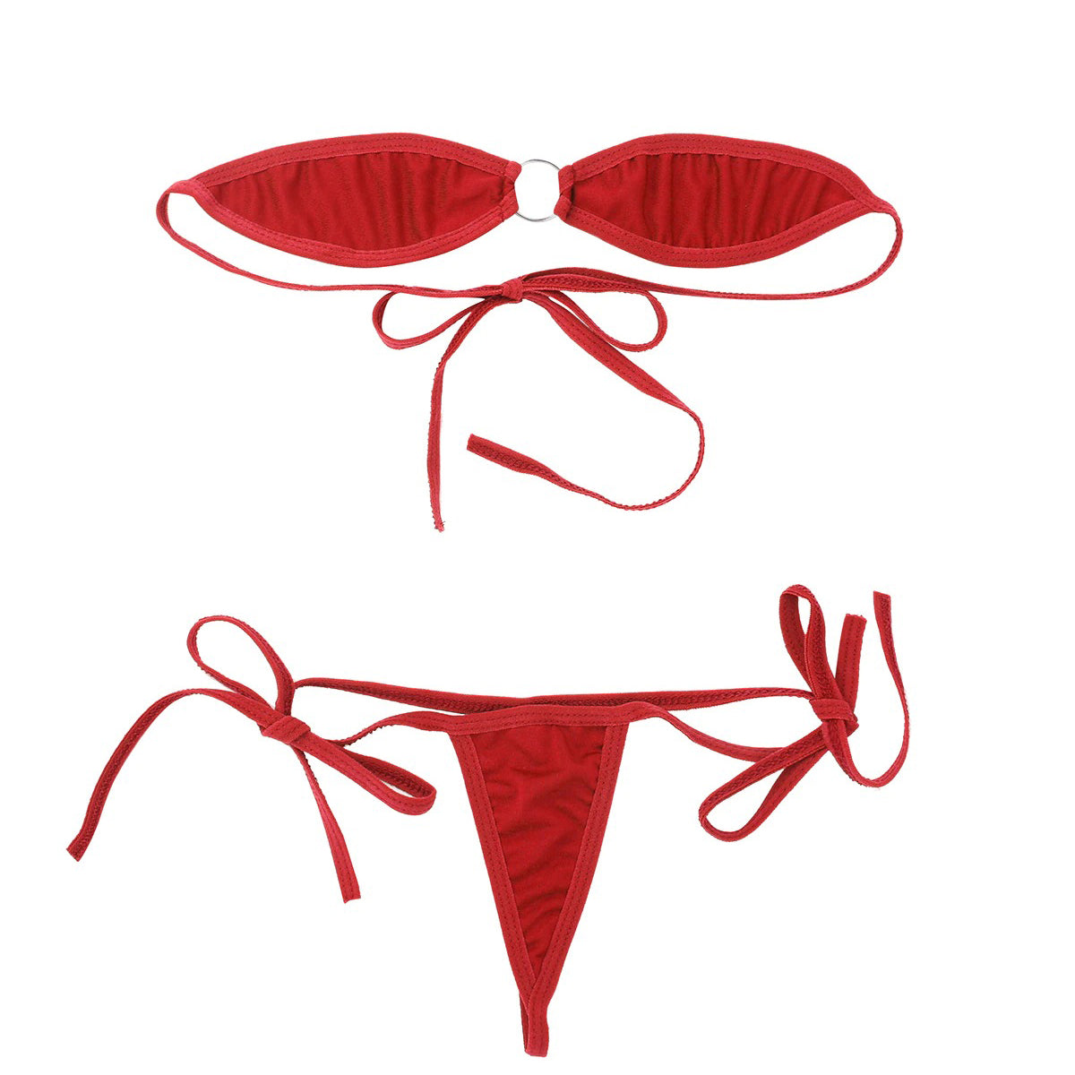 Red women's minimal coverage micro bikini set with off-shoulder bra and self-tie g-strings for summer lingerie.
