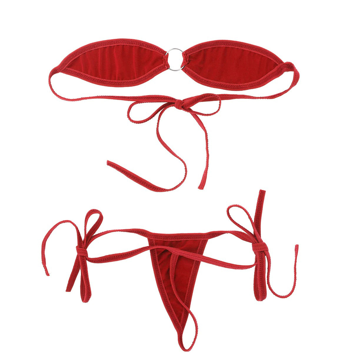 Red women's minimal coverage micro bikini set with off-shoulder bra and self-tie g-strings for summer style.