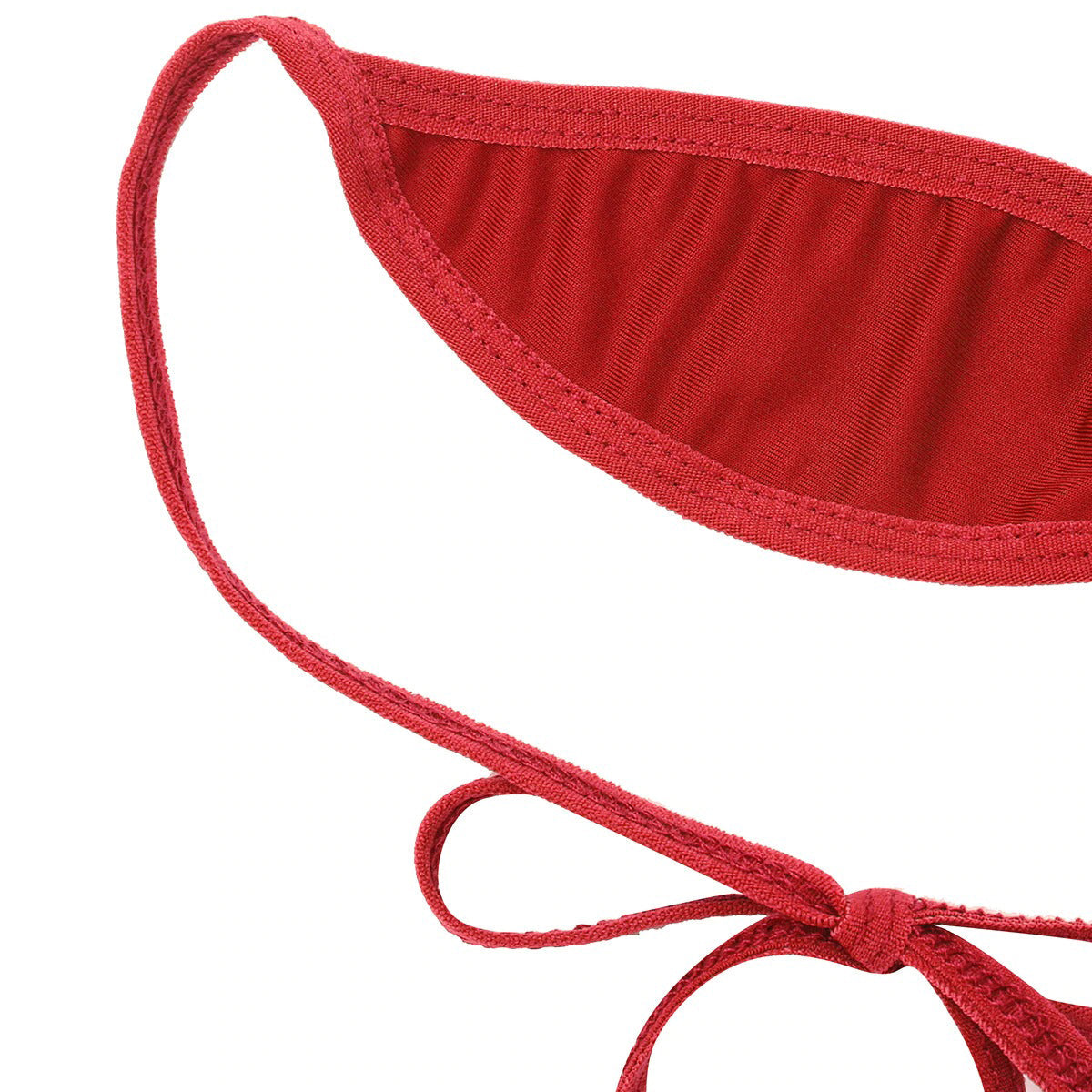 Close-up of a red off-shoulder micro bikini bra with self-tie detailing, perfect summer lingerie for minimal coverage.