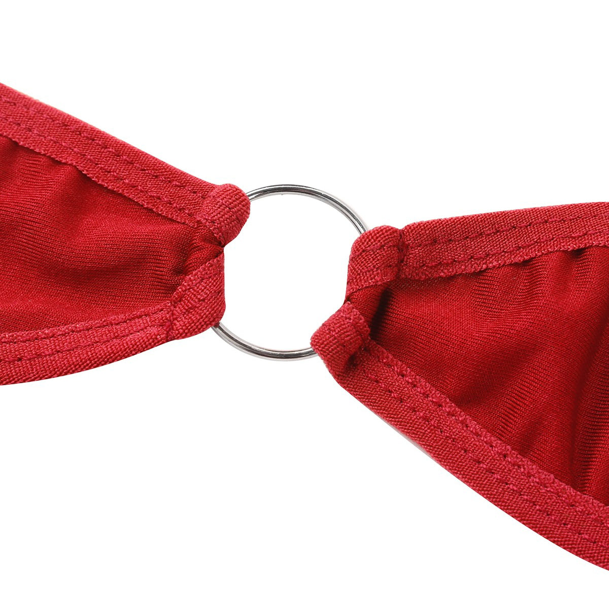Close-up of red bra halter design featuring a chic silver ring connector, perfect for summer lingerie style.