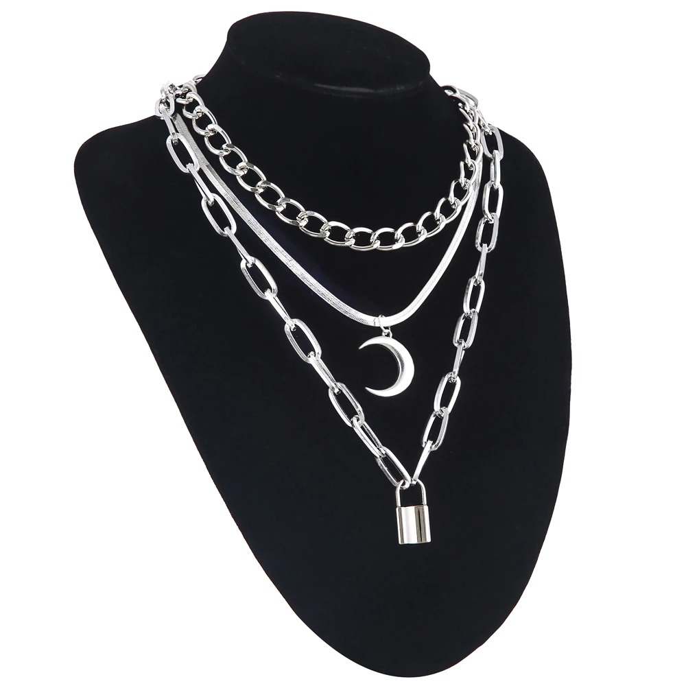 Women's Moon Pendant in Gothic Style / Chain Necklace with Aluminium Lock Pendant - HARD'N'HEAVY