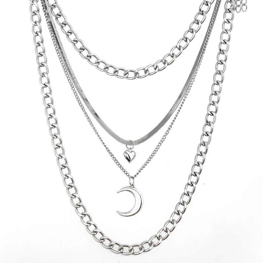 Trendy women's gothic layered chain necklace featuring moon and heart pendants, crafted from quality aluminum.
