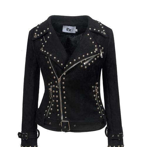 Damen-Moto-Bikerjacke / Nieten-Leder-Motorradjacke mit verstellbarer Taille 