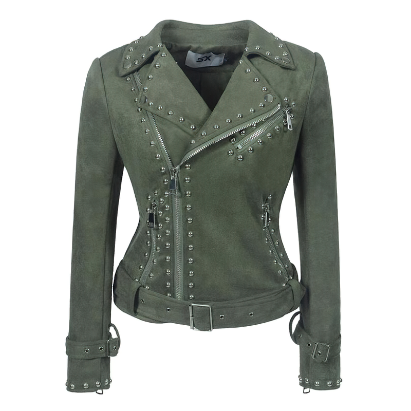 Women's Moto Biker Jacket / Rivet Adjustable Waist Leather Motorcycle Jacket - HARD'N'HEAVY