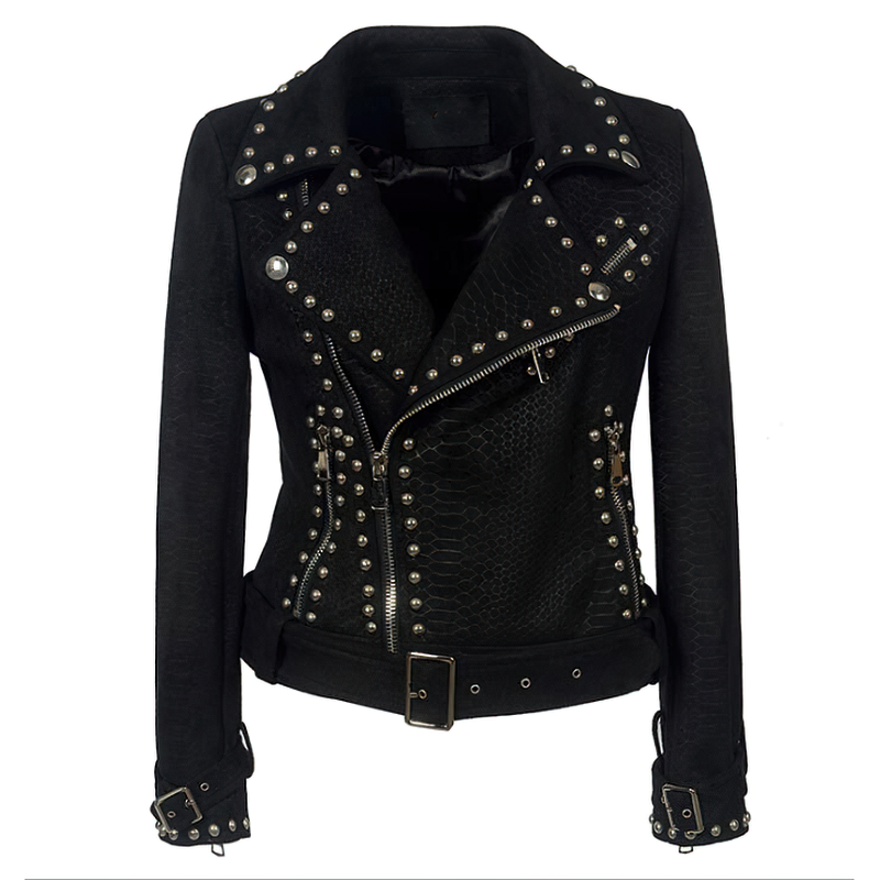 Women's Moto Biker Jacket / Rivet Adjustable Waist Leather Motorcycle Jacket - HARD'N'HEAVY